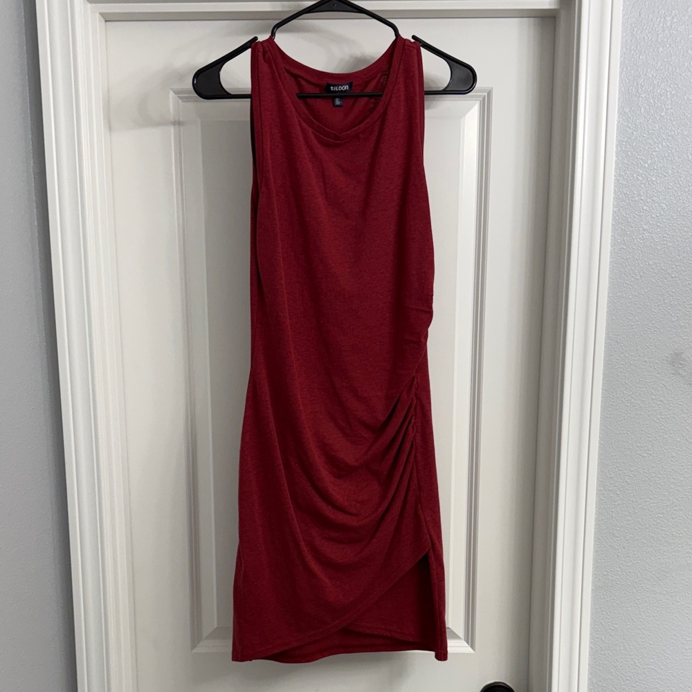 Tildon Wine Red Sleeveless Ruched Midi Dress